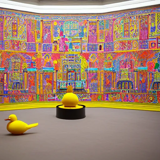 Image similar to wide shot, one photorealistic rubber duck in foreground on a pedestal in an museum gallery, british museum, the walls are covered with colorful geometric wall paintings in the style of sol lewitt, tall arched stone doorways, through the doorways are more wall paintings in the style of sol lewitt.