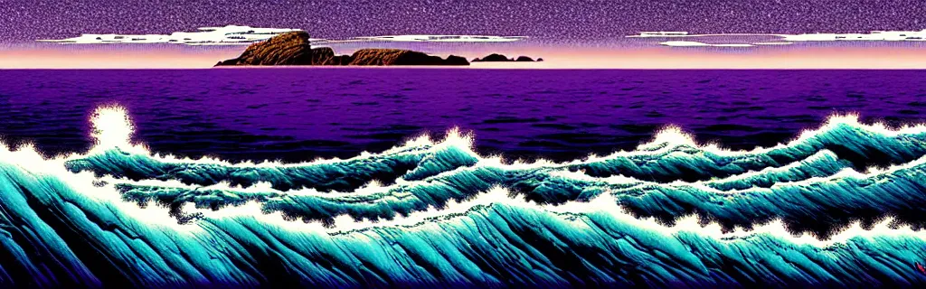 Prompt: a craggy irish seascape lit by purple nebula by Dan Mumford by Jim Fitzpatrick by joe wilson by jim burns by Victo Ngai by Jacek