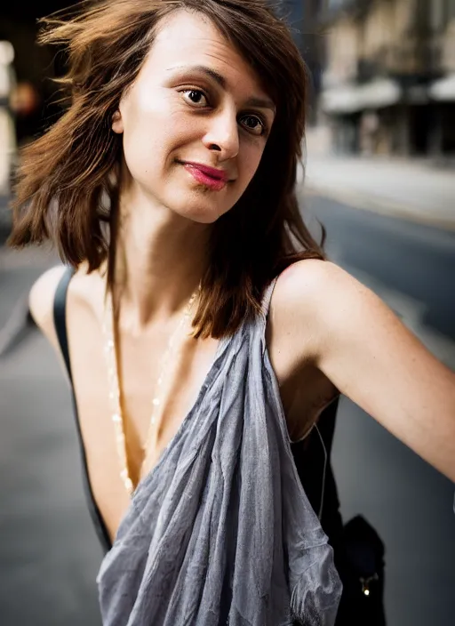 Image similar to portrait of beautiful 30-years-old French woman, with straight hair, well-groomed model, candid street portrait in the style of Martin Schoeller award winning, Sony a7R