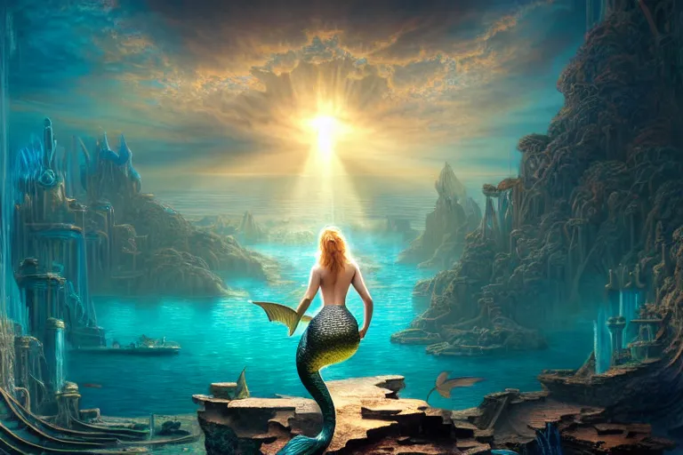 Prompt: a beautiful mermaid looking at the sunken city of Atlantis under water, ray of sunlight, stunning grand architecture, art by Noah Bradley, 8k octane beautifully detailed render, post-processing, extremely hyperdetailed, intricate, epic composition, grim yet sparkling atmosphere, cinematic lighting + masterpiece, trending on artstation, very detailed, vibrant colors, Art Nouveau, volumetric god rays, deep underwater scene, sharp focus, smooth, dizzy, moody