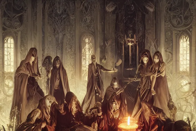 Image similar to painting of evil occult ritual with hooded cult members, demonic shrine, ultra realistic, concept art, intricate details, eerie, highly detailed, photorealistic, octane render, 8 k, unreal engine. art by artgerm and greg rutkowski and alphonse mucha