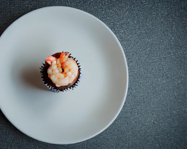 Image similar to dslr food photograph of a cupcake with a shrimp on top, 8 5 mm f 1. 4