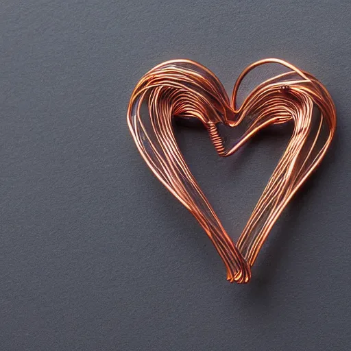 Image similar to a very beautiful tiny human heart organic sculpture made of copper wire and threaded pipes, very intricate, curved. studio lighting, high resolution, high quality, black background