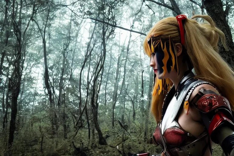 Prompt: vfx movie scene closeup nomad cyborg warrior viking geisha in a smoldering forest. by emmanuel lubezki