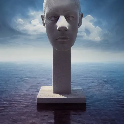 Prompt: minimalistic, hyperrealistic surrealism, award winning masterpiece with incredible details, epic stunning, infinity pool, a surreal vaporwave liminal space, highly detailed, trending on ArtStation, artgerm, wlop, Andrei Riabovitchev, Marc Simonetti, yoshitaka Amano, daily deviation, IAMAG, broken giant marble head statue ruins