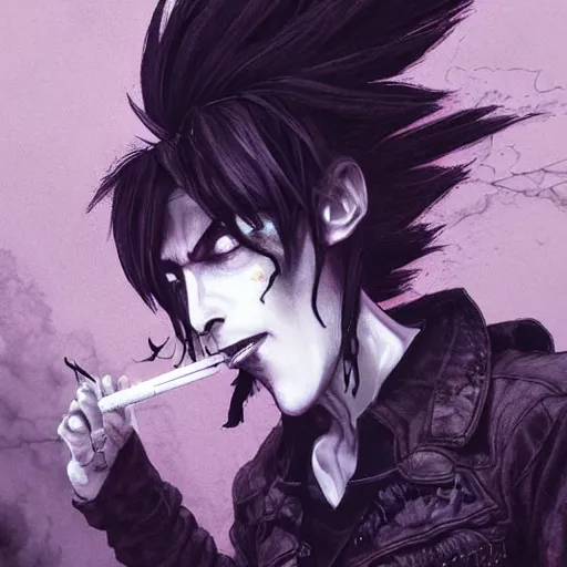 Image similar to Gothic Jimmy Neutron smoking a cigarette, dark background. digital art. amazing quality. perfect lighting. Professional design. Great composition. by Ayami Kojima and Tomoyuki Yamasaki and Tsutomu Nihei, octane render, award winning art. impressive colors. trending on artstation. Brian Froud style