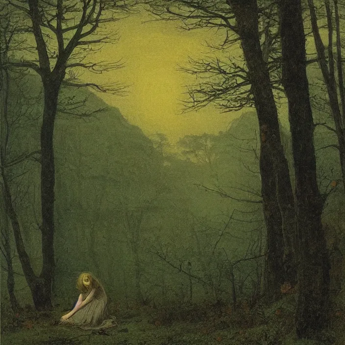 Image similar to painting of a woman lost in the woods by caspar david friedrich, at night