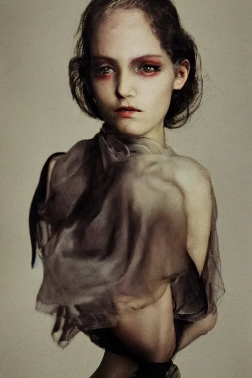 Image similar to hyperrealism fashion portrait by Roversi photo from The Holy Mountain by Alejandro Jodorowsky in style of Francisco Goya