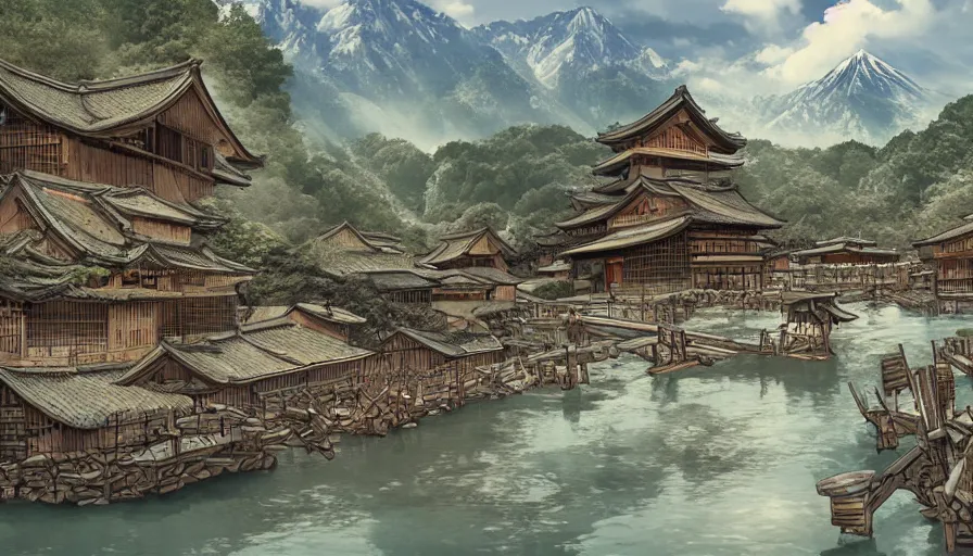 Prompt: old japanese village built near mountains, river, wooden rustic houses, manga, hyperdetailed, artstation, cgsociety, 8 k