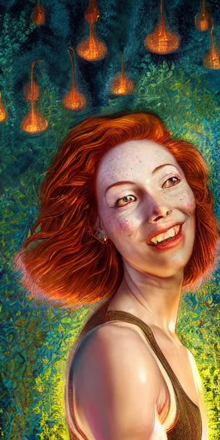 Image similar to fit woman, serene smile surrounded by golden firefly lights, amidst nature fully covered by a intricate detailed dress, long red hair, precise linework, accurate green eyes, small nose with freckles, smooth oval shape face, empathic, expressive emotions, spiritual scene, hyper realistic ultrafine art by artemisia gentileschi, jessica rossier, boris vallejo