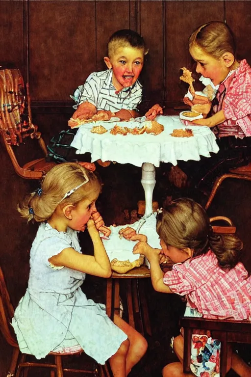 Prompt: kids eating cake by norman rockwell