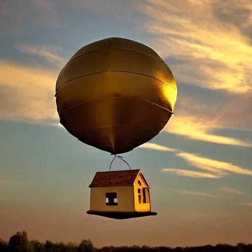 Image similar to flying house with a balloon, golden hour, light colors,