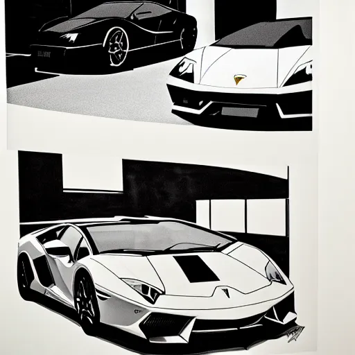 Image similar to a portrait of a Lamborghini, made by Andy Warhol, two tone, very high contrast, only black and white, simplistic, extremely high contrast, two tone, notan art, by Andy Warhol, minimalistic,