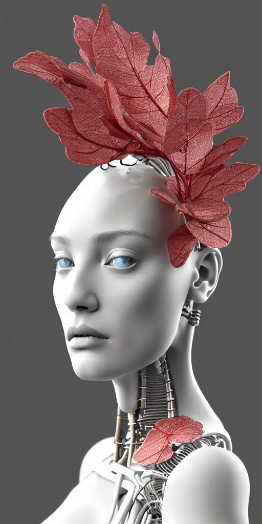 Image similar to complex 3d render ultra detailed of one single beautiful porcelain profile woman face, mechanical cyborg, 150 mm, accent lighting, beautiful studio soft light, rim light, silver gold red details, luxurious, magnolia big filigran ultra detailed leaves and stems, roots, Alexander Mcqueen haute couture, fine foliage lace, mesh wire, beautiful background, filigran intricate details, hyperrealistic, mandelbrot fractal, anatomical, silver metal armor, facial muscles, cable wires, microchip, elegant, white background, beautiful white teeth, beautiful lips, octane render, H.R. Giger style, 8k