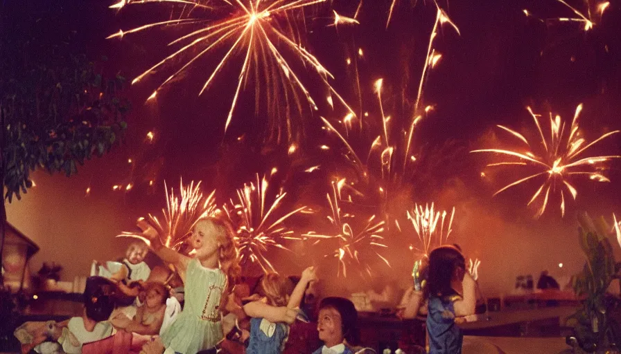 Image similar to 1990s candid 35mm photo of a beautiful day in the living room, cinematic lighting, cinematic look, golden hour, a miniature amusement park in the living room is setting off fireworks, kids dance and point at the fire works, small mascots run around the room, UHD