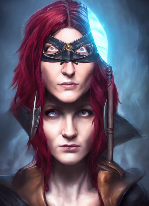 Image similar to A fantasy comic book style portrait painting of a 30 year old female as a pirate wizard with an eye patch in a atmospheric dark fortress, unreal 5, DAZ, hyperrealistic, octane render, RPG portrait, ambient light, dynamic lighting, dark tribal tattoos, eye patch, red head, witch, sorcerer