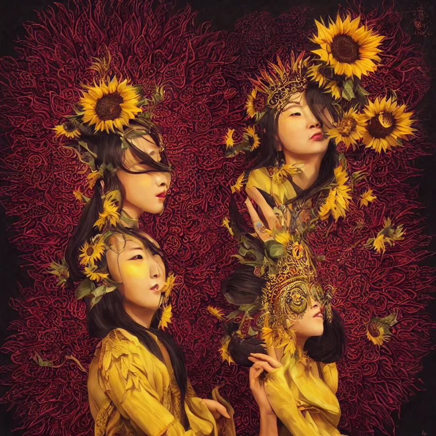 Image similar to Sunflower Chinese goddess-queen and her open third-eye, wearing an helianthus crown and a black brown and yellow dress, colourful, dark-red background, surreal, dramatic lighting, face, detailed, intricate, elegant, highly detailed, digital painting, artstation, concept art, smooth, sharp focus, illustration, art by Sam Spratt, Dan Mumford, Artem Demura and Alphonse Mucha