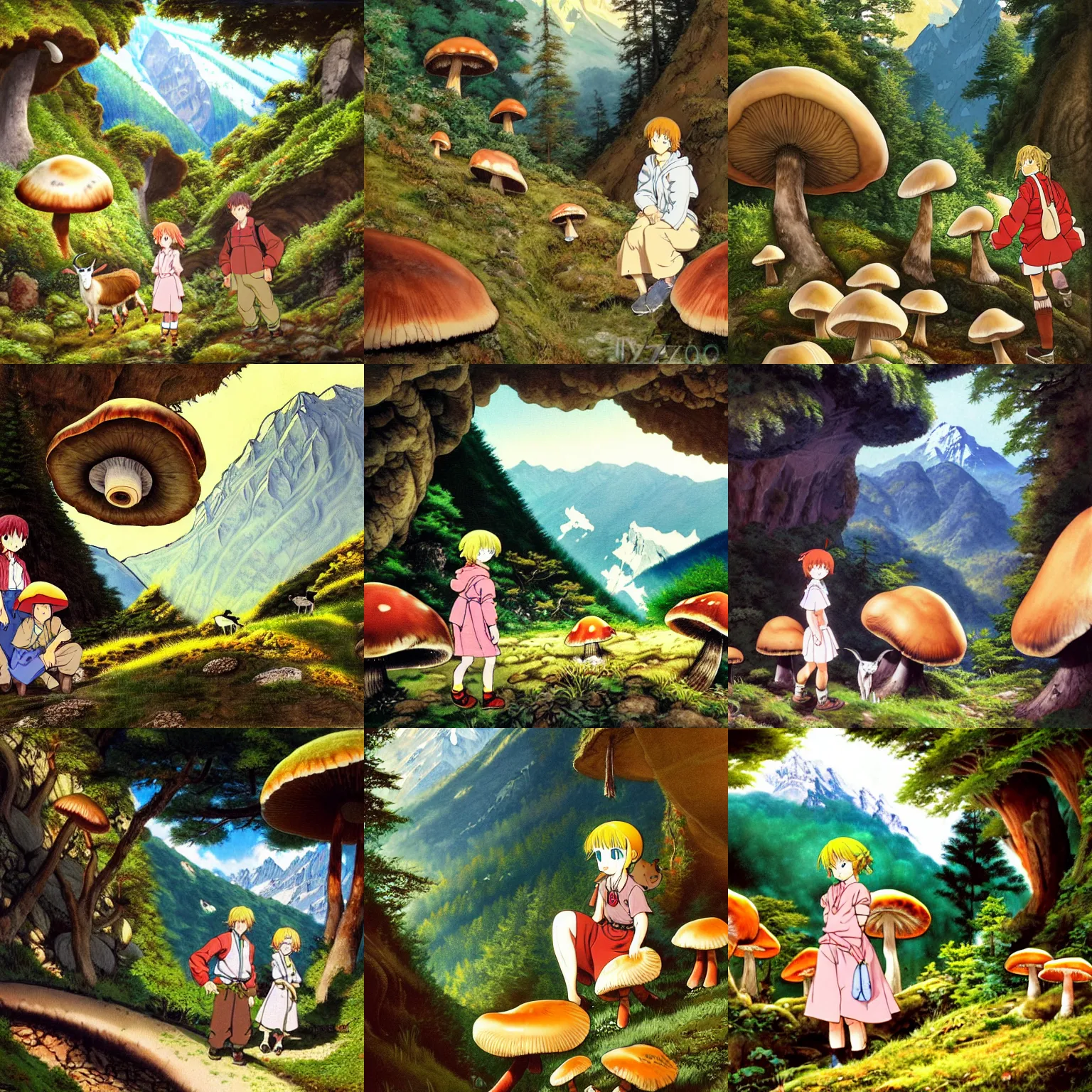 Prompt: heidi, girl of the alps, and peter and the goat, discovering giant mushrooms in a cave in the alps with a beautiful forest in the background, painting by hayao myazagi, anime still, very detailed, low light, cute, cozy, nature