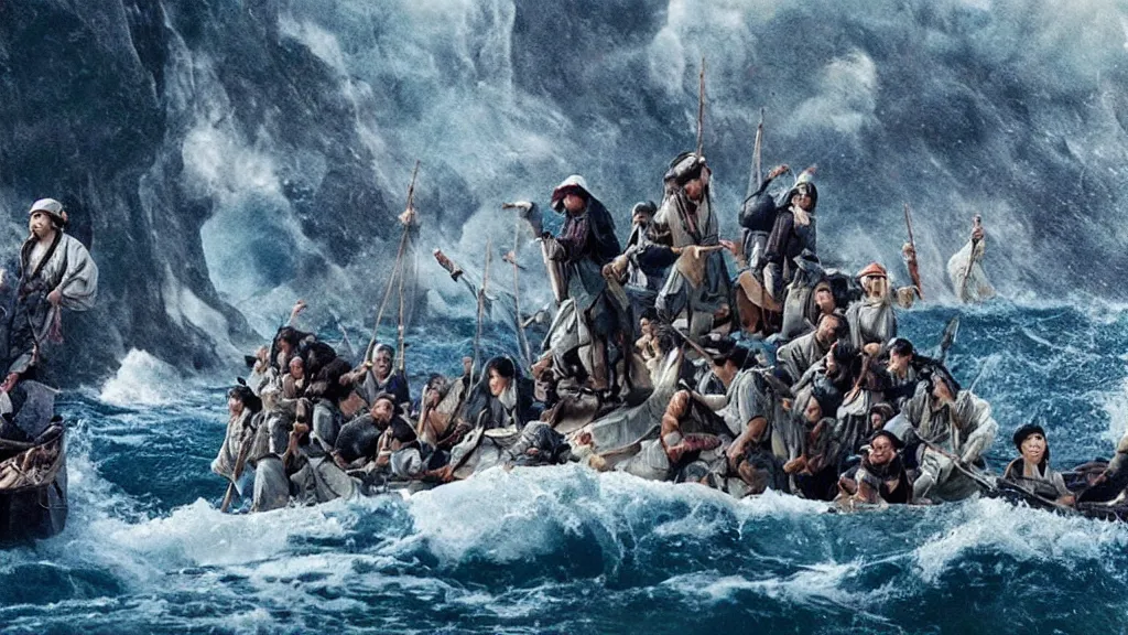 Image similar to Epic shot from a feature film depicting the arrival of the first Portuguese explorers to Japan, 4k