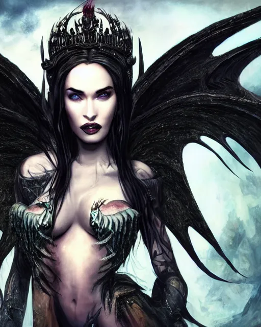 Prompt: very complex hyper-maximalist overdetailed cinematic darkfantasy closeup portrait of a malignant beautiful young dragon queen megan fox with long black hair and wings, Magic the gathering, pale skin and dark eyes,flirting confident seductive, gothic, vibrant high contrast, by andrei riabovitchev, tomasz alen kopera,moleksandra shchaslyva, peter mohrbacher, Omnious intricate, octane, moebius, arney freytag, Deviant-art, hyper detailed illustration, 8k