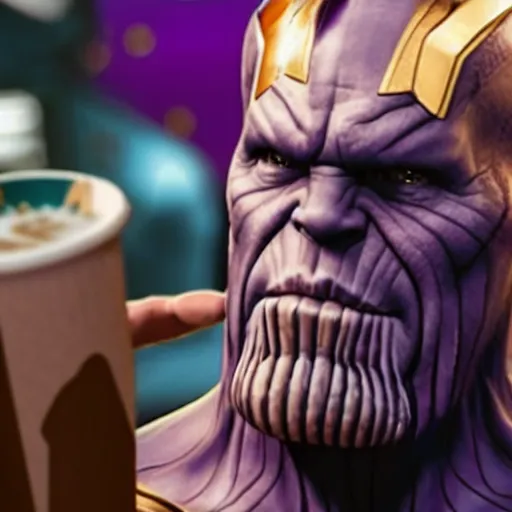 Prompt: film still of Thanos working as a Starbucks barista in the new Marvel movie, 4k