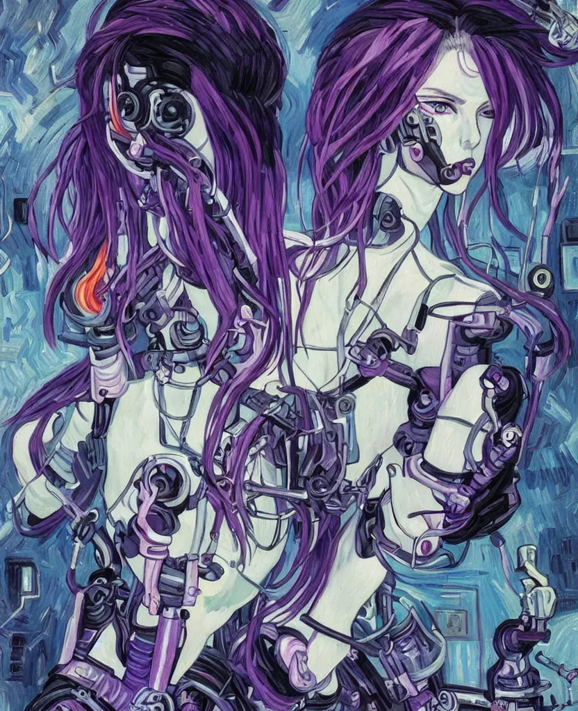 Image similar to A beautiful painting of a cyberpunk anime girl with purple hair and an a huge robot arm sensual stare, augmentations and cybernetic enhancements neon circuits, Painted by Vincent Van Gogh 8k highly detailed ❤️‍🔥 🔥 💀 🤖 🚀