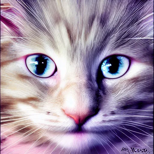 Image similar to a cream-colored maine coon kitten, digital art, geometric shapes and pastel colors explore the relationship between positive and negative space, as well as the tension between flatness and depth.