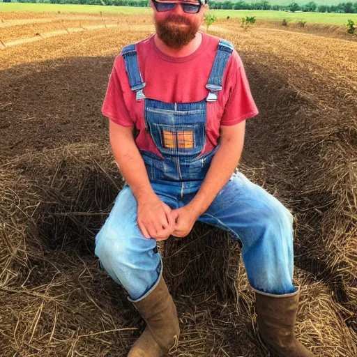 Image similar to a goofy looking redneck man, wearing overalls sitting on a haybail during a hayride holding a wrench, he is dirty and covered in grease, there are a lot of pigs in the background graising.