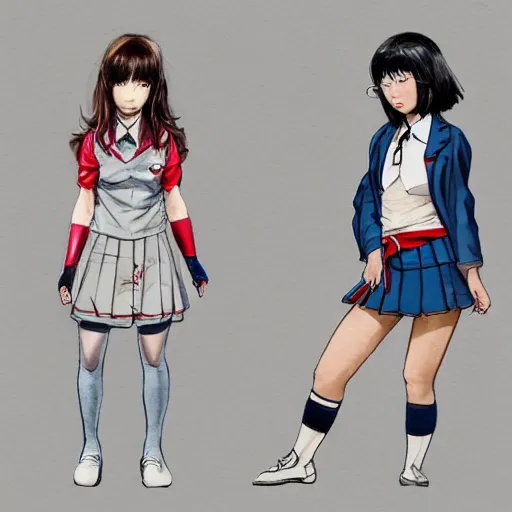 Prompt: a perfect, realistic professional digital sketch of two Japanese schoolgirls posing, in style of Marvel and DC, full length, by pen and watercolor, by a professional American senior artist on ArtStation, a high-quality hollywood-style sketch, on high-quality paper