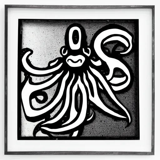 Prompt: very angry squid, 🦑 design in square frame, black and white, mad cuttlefish