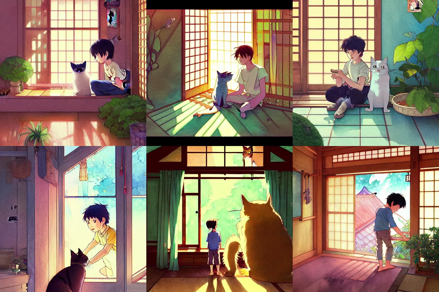 Prompt: a wholesome animation key shot of a boy and his cat inside a japanese house, studio ghibli, pixar and disney animation, sharp, disney concept art watercolor illustration by mandy jurgens and alphonse mucha and alena aenami, pastel color palette, dramatic lighting