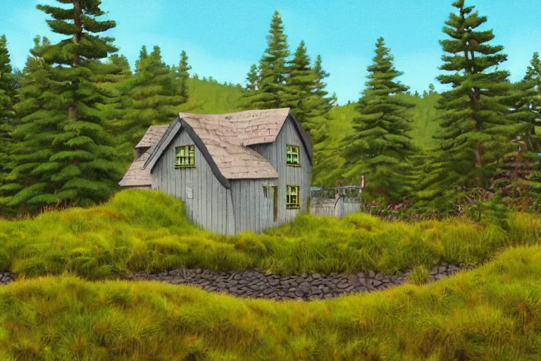 Prompt: animation background of a seaside cottage in Oregon, moss and pines, exaggerated perspective