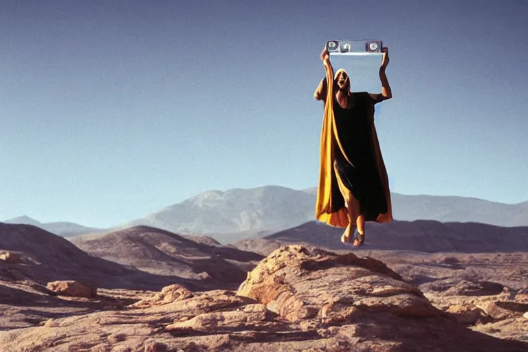 Prompt: levitating glowing woman with full - face golden mask in a dry rocky desert landscape, visible sky and sunny atmosphere, fata morgana giant mirrors, black star and alien space - ship in the sky by alejandro jodorowsky. christopher doyle and giger, anamorphic lens flares, kodakchrome, cinematic composition, practical effects, 8 k,