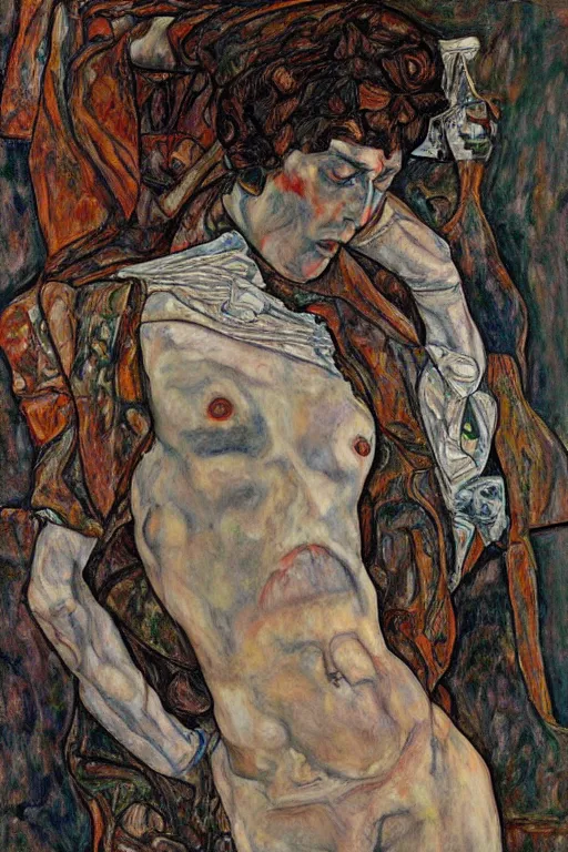 Image similar to a full body character with lifted arms in style of egon schiele, masterpiece, hyperdetailed, complex, intricate, veiled, 4 k, dynamic!!