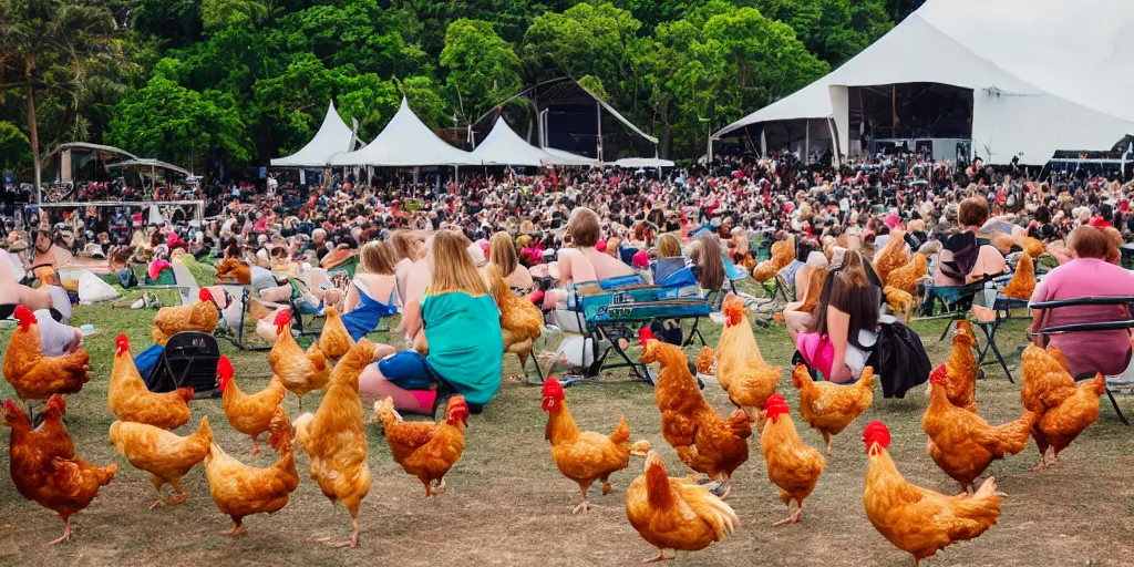 Prompt: summer music festival with chicken as audience. roosters playing music on the stage. concert photography.