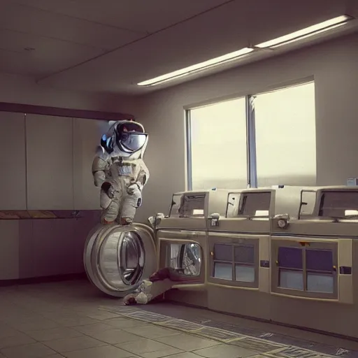 Image similar to a beautiful photo of an astronaut waiting in a laundromat, 1970', soft light, morning light, photorealistic, realistic, octane, 8k, cinematic shot