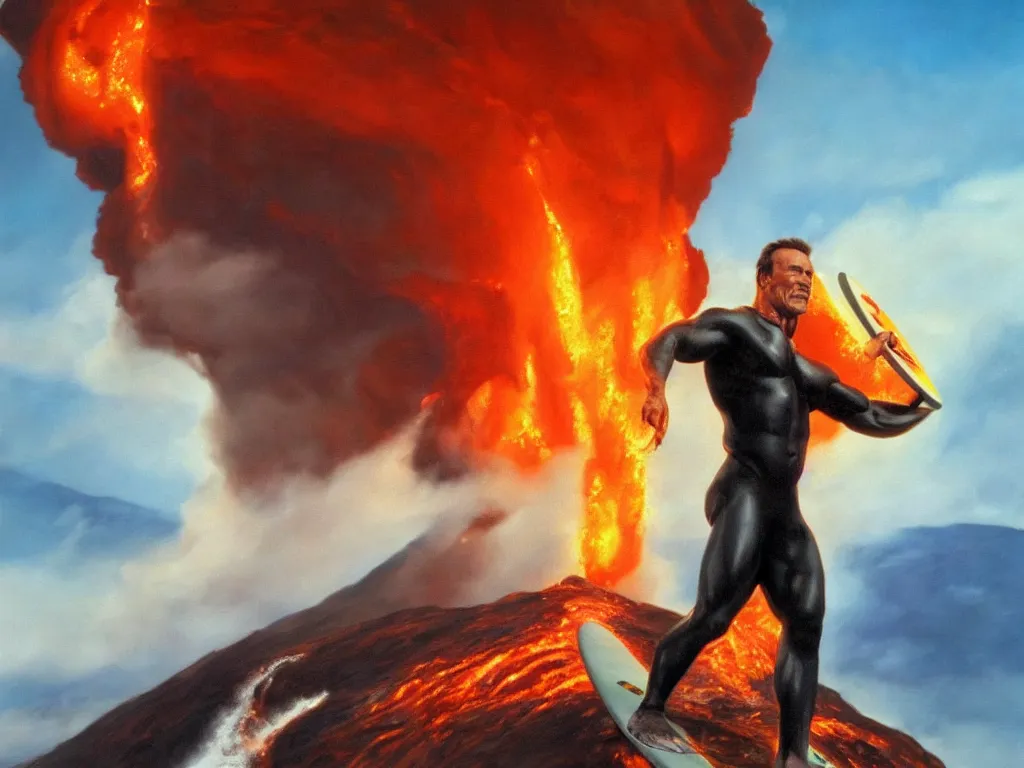 Prompt: detailed portrait of an arnold schwarzenegger surfing on lava by boris vallejo, volcano eruption on the background, stunning scene, 8 k, digital painting, hyperrealism, bright colors, trending on artstation