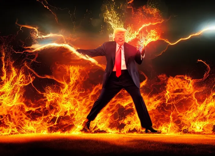 Image similar to burning donald trump casting fireballs, colorful hd picure, lightning in the background