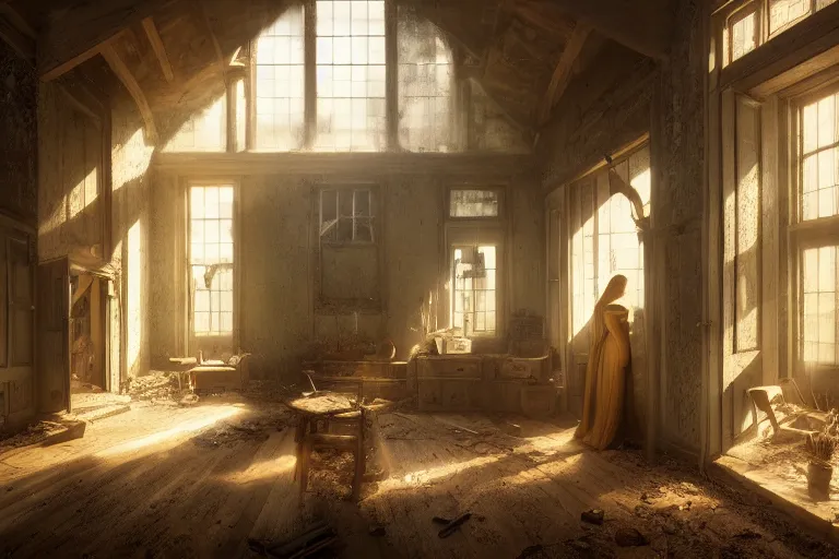 Image similar to the interior of an old abandoned house, an old oak tree grows inside the house, golden rays of sunlight enter through the window, digital art, trending on artstation, matte painting, concept art, drawn by greg rutkowski, inspired by johannes vermeer, warm colors