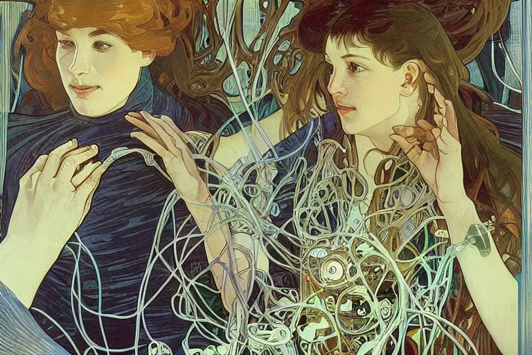 Prompt: symmetric, neuroscientists holding a brain and neurons in their hands, in a room full of wires and computers and neural networks, sci - fi, 4 k realistic, alphonse mucha.