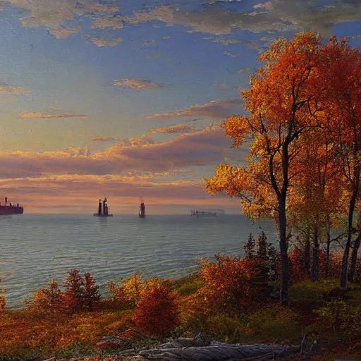 Image similar to Lake Superior in Autumn, Freighter ship in distance, landscape, beautiful artwork by ivan shishkin