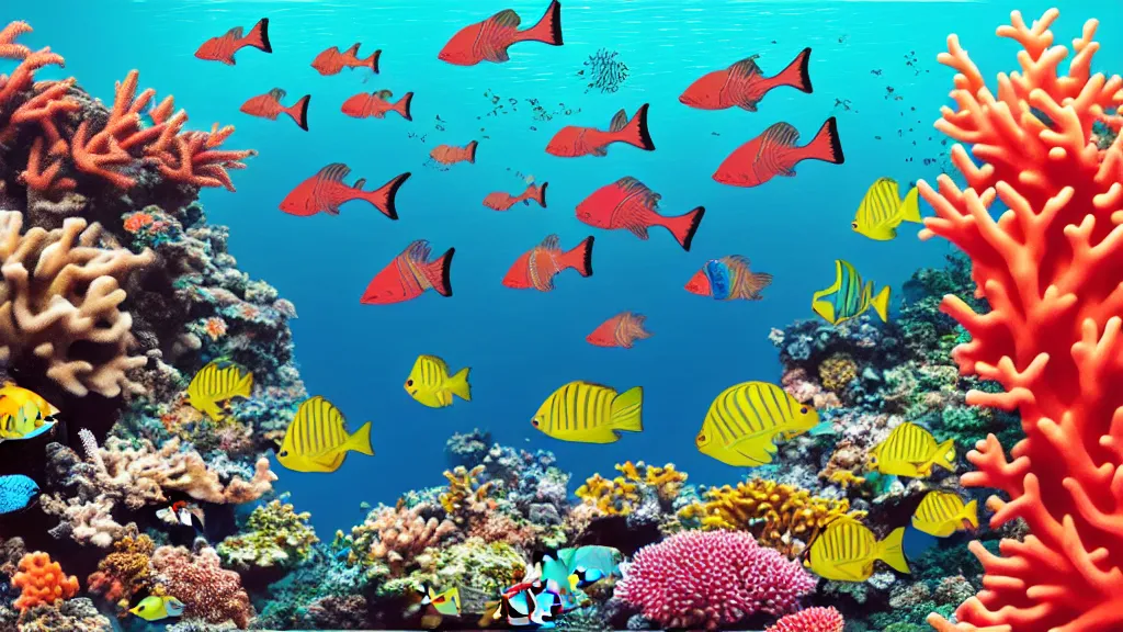 Prompt: coral reef closeup with a variety of tropical fish, okinawa prefecture, japan, a collage painting, in the style of wes anderson, lola dupre, david hockney, isolated on negative white space background dark monochrome neon fluorescent spraypaint accents volumetric octane render