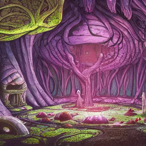 Prompt: concept art painting of a interior of a fungal alien fantasy fairytale house made of mushrooms, with black vines, realistic, detailed, cel shaded, magenta and gray, dark, in the style of makoto shinkai and greg rutkowski and james gurney
