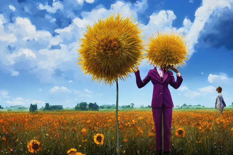 Prompt: giant thistle flower head, girl in a suit in field of flowers, surreal photography, sunrise, blue sky, dramatic light, impressionist painting, digital painting, artstation, simon stalenhag