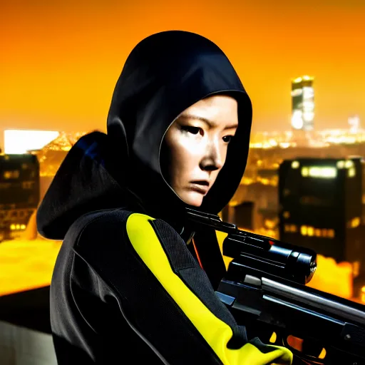 Image similar to digital art of a techwear woman holding a shotgun, holding shotgun down, closeup, on the rooftop of a futuristic city at night, sigma 85mm f/1.4, 4k, depth of field, high resolution, full color, award winning photography, Kill Bill, John Wick, Die Hard, movies with guns, movie firearms, trending on art station