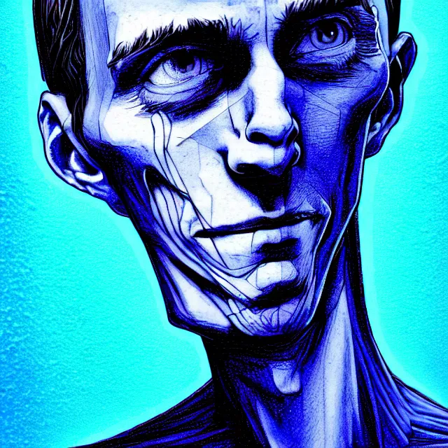 Prompt: a photorealistic coherent image of a skinny man from kansas suffering from depression with psychotic features and ocd, complex artistic color ink pen sketch illustration, blue monochromatic, full detail, gentle shadowing, fully immersive reflections and particle effects, concept art by jason felix, dan mumford, kinkade, lisa frank, artgerm, range murata, tokyo mural