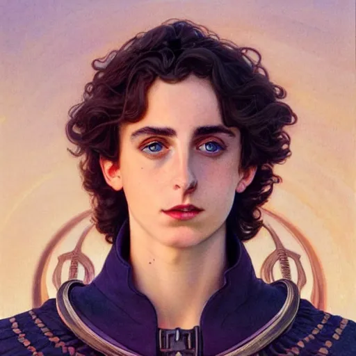 Image similar to a portrait of paul atreides from dune cinematic lighting, photorealistic, octane render, 8 k, depth of field, 3 d, art by artgerm and greg rutkowski and alphonse mucha and uang guangjian and gil elvgren and sachin ten, paul looks like timothee chalamet but older