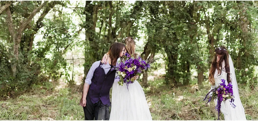 Image similar to modern wedding photography. rustic bohemian. young couple. purple and green. woodsy, old church, flowers.