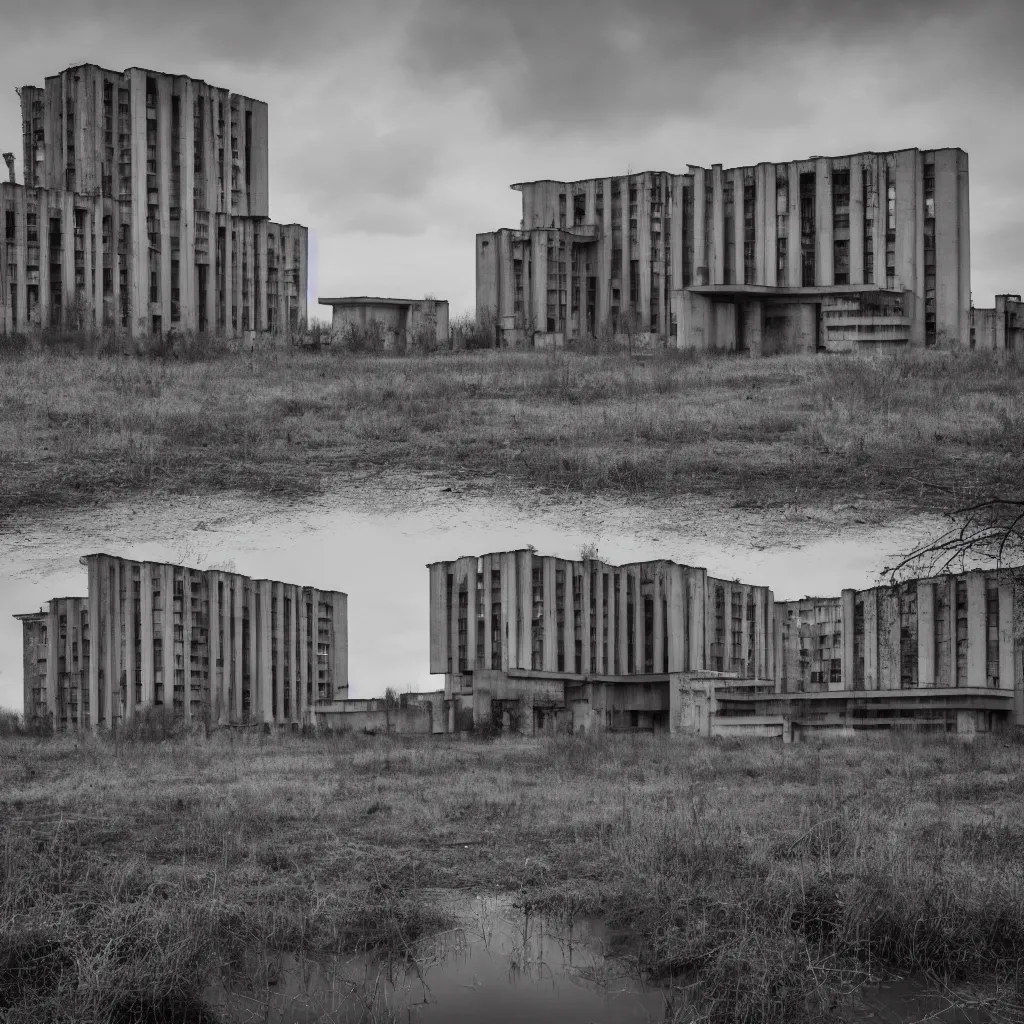 Image similar to brutalist soviet architecture, abandoned city, in the swamps, 4 k, professional photography