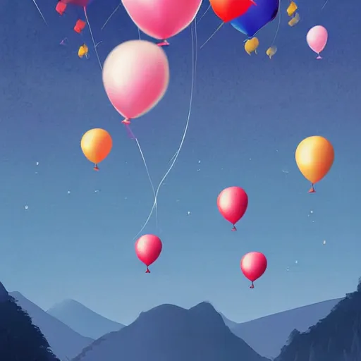 Image similar to digital art of plenty of birthday balloons floating above a beautiful countryside. artstation cgsociety masterpiece